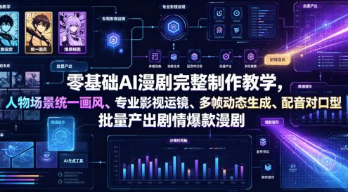 零基础AI漫剧完整制作教学,人物场景统一画风、专业影视运镜、多帧动态生成、配音对口型,批量产出剧情爆款漫剧