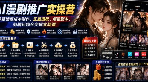 AI漫剧推广实操营｜零基础低成本制作、正版授权、爆款剧本、剪辑运镜全变现实战课