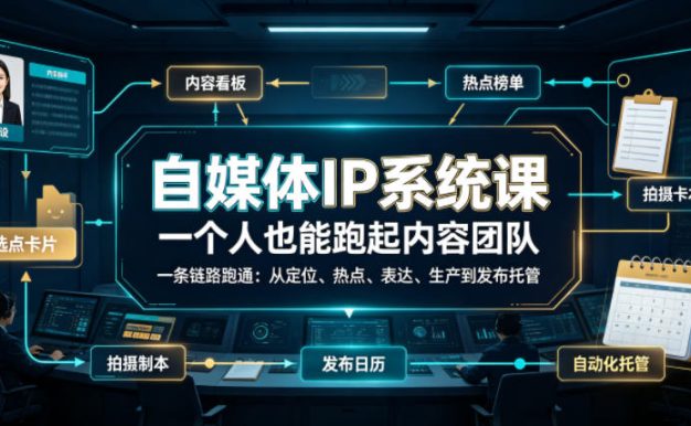 自媒体IP系统课，一个人也能跑起内容团队，一条链路跑通，从定位、热点、表达、生产到发布托管
