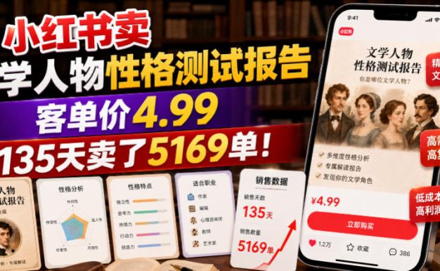 小红书卖文学人物性格测试报告，客单价4.99，135天卖了5169单！