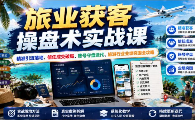 旅业获客操盘术实战课|精准引流落地、信任成交破局、账号守盘迭代、旅游行业业绩突围全攻略
