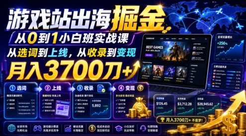 游戏站出海掘金从0到1小白实战课,从选词到上线,从收录到变现,月入3700刀+
