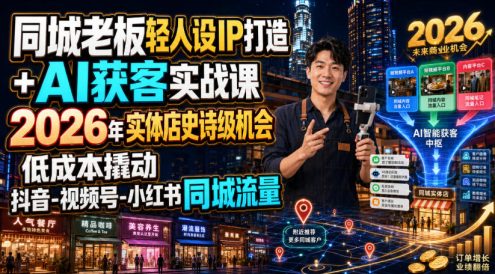 同城老板轻人设IP打造+AI获客实战课,2026年实体店史诗级机会,低成本撬动抖音-视频号-小红书同城流量