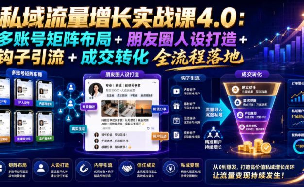 私域流量增长实战课4.0:多账号矩阵布局+朋友圈人设打造+钩子引流+成交转化全流程落地