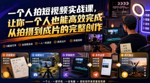 一个人拍短视频实战课，让你一个人也能高效完成从拍摄到成片的完整创作