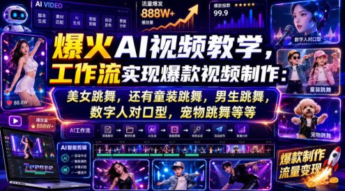 爆火AI视频教学，工作流实现爆款视频制作：美女跳舞，还有童装跳舞，男生跳舞，数字人对口型，宠物跳舞等等