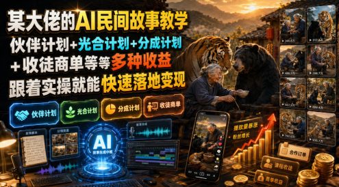某大佬的AI民间故事教学，伙伴计划+光合计划+分成计划+收徒商单等多种收益，跟着实操就能快速落地变现