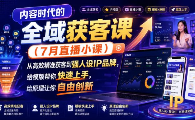 内容时代的全域获客课(7月直播小课),从高效精准获客到强人设IP品牌,给模版帮你快速上手,给原理让你自由创新