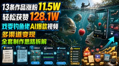 13条作品涨粉11.5W,轻松获赞128.1W,戏耍钓鱼佬AI爆款视频,多渠道变现,全套制作思路拆解
