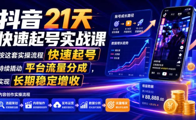 抖音21天快速起号实战课,按这套实操流程快速起号,持续撬动平台流量分成,实现长期稳定增收