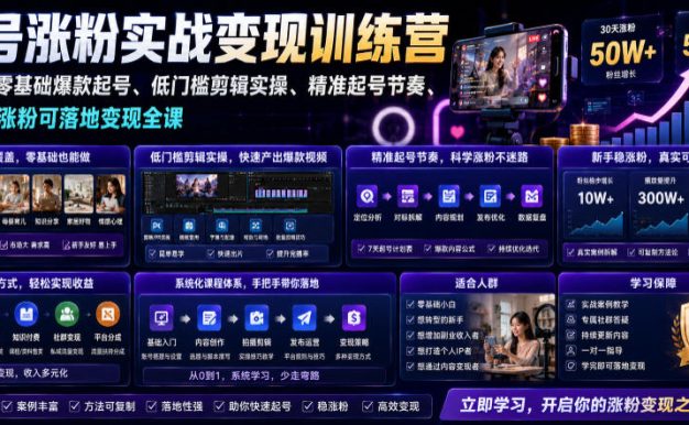 苗子起号涨粉实战变现训练营,多类目零基础爆款起号、精准起号节奏、新手稳涨粉可落地变现全课(更新0719)