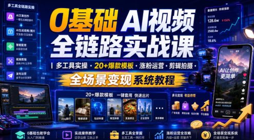 0基础AI视频全链路实战课|多工具实操・20+爆款模板・涨粉运营・剪辑拍摄・全场景变现系统教程
