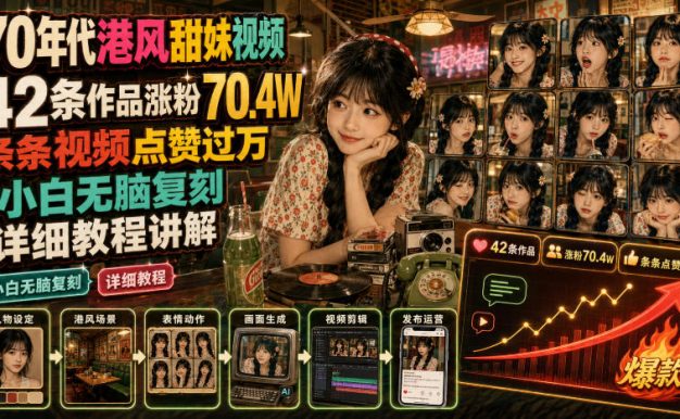 70年代港风甜妹视频,42条作品涨粉70.4W,条条视频点赞过万,小白无脑复刻,详细教程讲解
