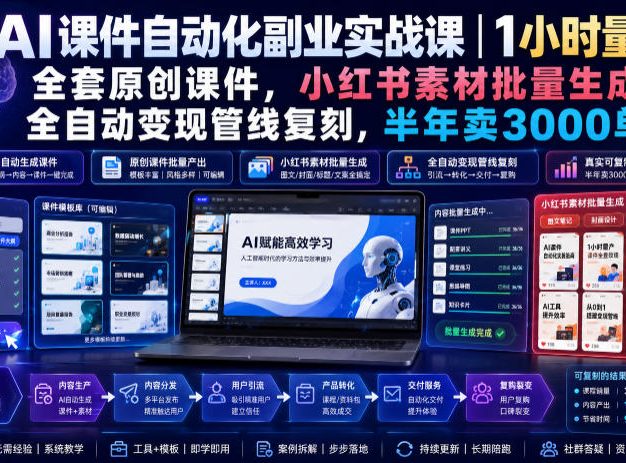 AI课件自动化副业实战课|1小时量产全套原创课件,小红书素材批量生成,全自动变现管线复刻,半年卖3000单