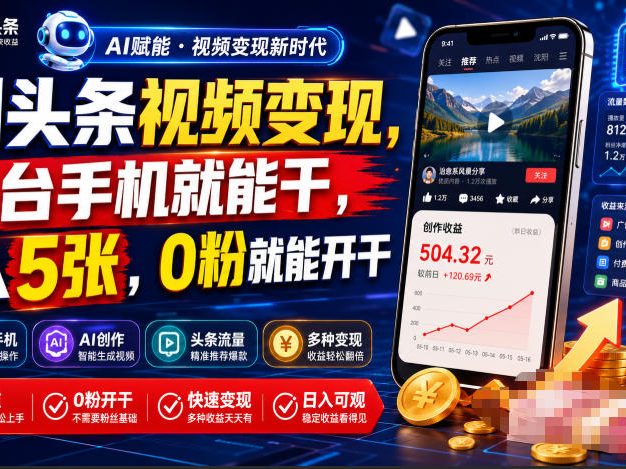 AI头条视频变现,一台手机就能干,日入5张,0粉就能开干