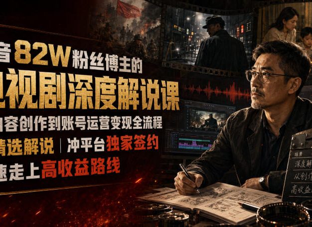 抖音82W粉丝博主的电视剧深度解说课,从内容创作到账号运营变现全流程,做精选解说,冲平台独家签约,快速走上高收益路线