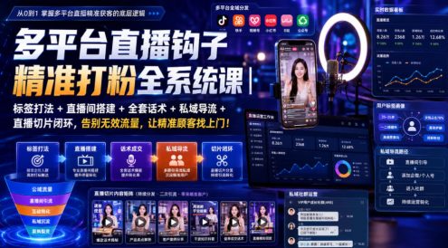 多平台直播钩子精准打粉全系统课|标签打法+直播间搭建+全套话术+私域导流+直播切片闭环,告别无效流量,让精准顾客找上门!