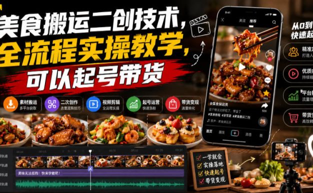 美食搬运二创技术,全流程实操教学,可以起号带货