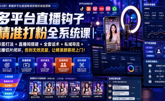 多平台直播钩子精准打粉全系统课|标签打法+直播间搭建+全套话术+私域导流+直播切片闭环,告别无效流量,让精准顾客找上门!