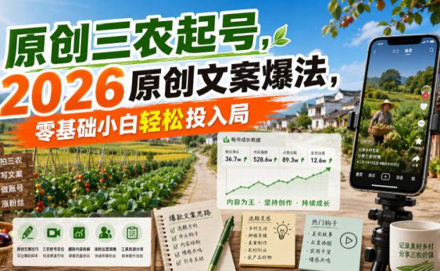 原创三农起号,2026原创文案爆法,零基础小白轻松投入局