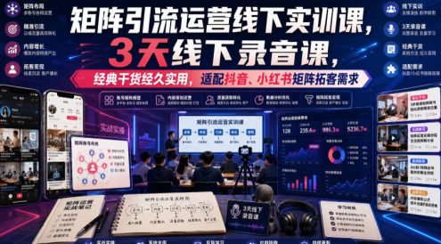 嗨推矩阵引流运营线下实训课,3天线下录音课,经典干货经久实用,适配抖音、小红书矩阵拓客需求