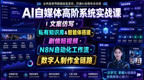 AI自媒体高阶系统实战课|文案仿写・私有知识库&智能体搭建・剧情短视频・N8N自动化工作流・数字人制作全链路