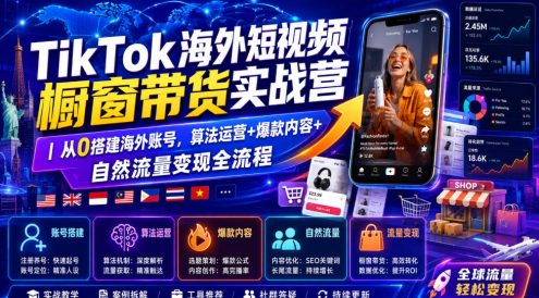 TikTok海外短视频橱窗带货实战营｜从0搭建海外账号，算法运营+爆款内容+自然流量变现全流程
