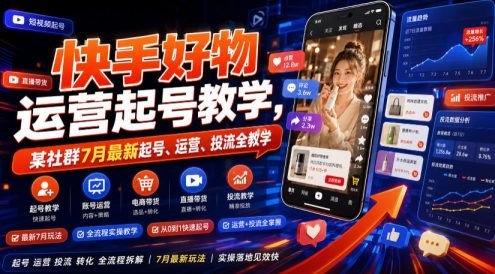 快手好物运营起号教学，某社群7月最新起号、运营、投流全教学