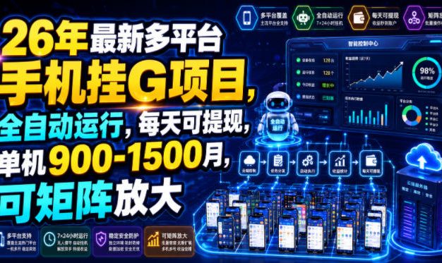 26年最新多平台手机挂G项目，全自动运行，每天可提现，单机900-1500月，可矩阵放大【揭秘】