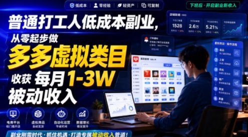 普通打工人低成本副业，从零起步做多多虚拟类目，收获每月1-3W被动收入【揭秘】