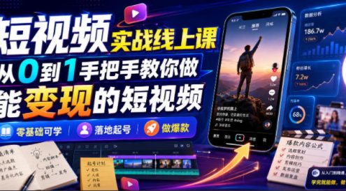 短视频实战线上课,从0到1手把手教你做能变现的短视频,零基础可学,落地起号做爆款