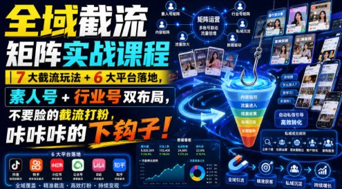 全域截流矩阵实战课程|7大截流玩法+6大平台落地,素人号+行业号双布局,不要脸的截流打粉,咔咔咔的下钩子!