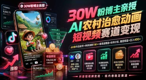 30W粉博主亲授AI农村治愈动画短视频赛道变现:60条作品起号×单条涨粉1W+×极易进精选+伙伴计划,稳定收益×日入400+