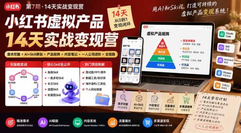 小红书虚拟产品14天实战变现营-第7期：需求挖掘×AI+Skill原创×产品矩阵×内容笔记×一人公司进阶×全链路