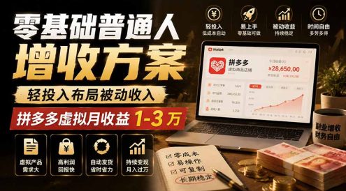 零基础普通人增收方案，轻投入布局被动收入，多多虚拟月收益 1-3 万