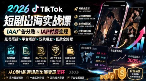 2026TikTok短剧出海实战课:IAA广告分账×IAP付费变现×账号搭建×平台规则×双轨爆发×回款全流程