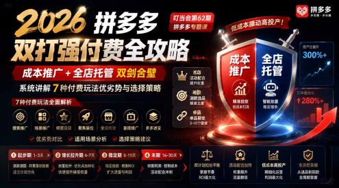 2026拼多多双打强付费全攻略-62期;成本推广加托管双剑合璧,系统讲解7种付费玩法优劣势与选择策略