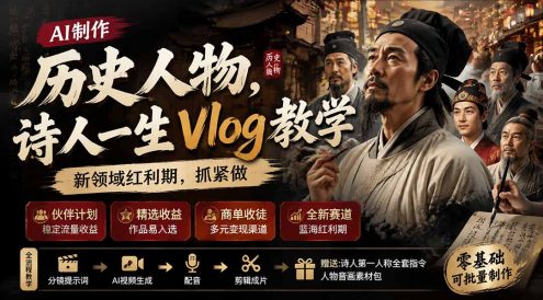 历史人物,诗人一生Vlog教学, AI制作丨伙伴计划丨精选收益丨商单收徒 ,新领域红利期,抓紧做