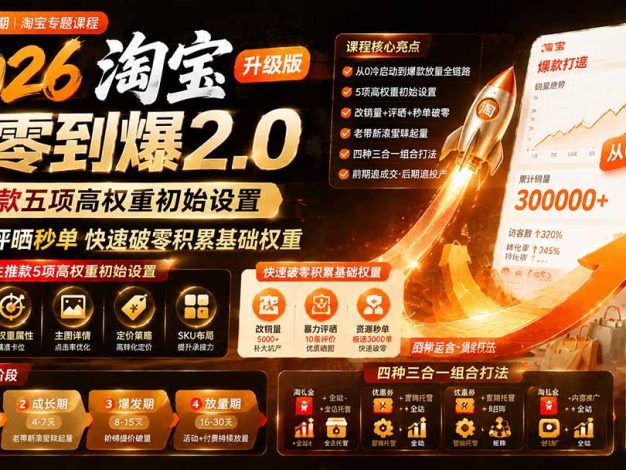 2026淘宝从零到爆2.0第85期；主推款五项高权重初始设置，改销量评晒秒单快速破零积累基础权重