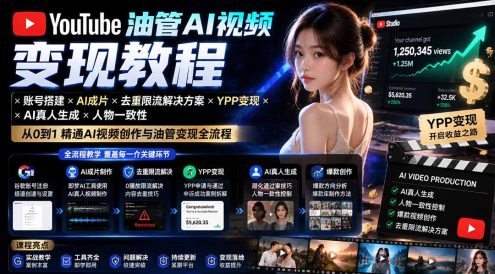 YouTube油管AI视频变现教程-更新：账号搭建×AI成片×去重限流解决方案×YPP变现×AI真人生成×人物一致性