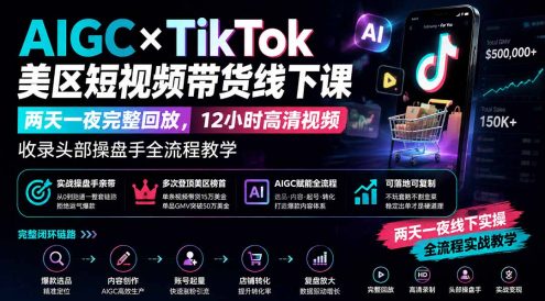 AIGC×TikTok美区短视频带货线下课;两天一夜完整回放,12小时高清视频收录头部操盘手全流程教学