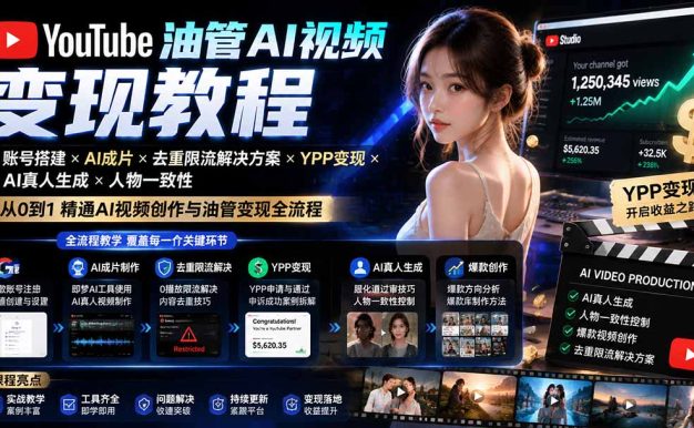 YouTube油管AI视频变现教程-更新：账号搭建×AI成片×去重限流解决方案×YPP变现×AI真人生成×人物一致性