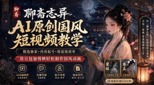 聊斋志异AI原创国风短视频教学；精选独家+内容起号+收徒接商单，用豆包加剪映轻松制作国风动画