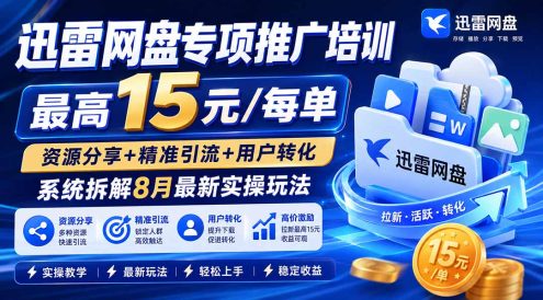 迅雷网盘专项推广培训-更新8月——最高15元/每单,资源分享+精准引流+用户转化,系统拆解最新实操玩法