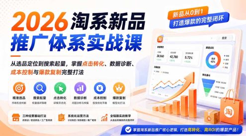 2026淘系新品推广体系实战课：从选品定位到搜索起量，掌握点击转化、数据诊断、成本控制与爆款复制完整打法