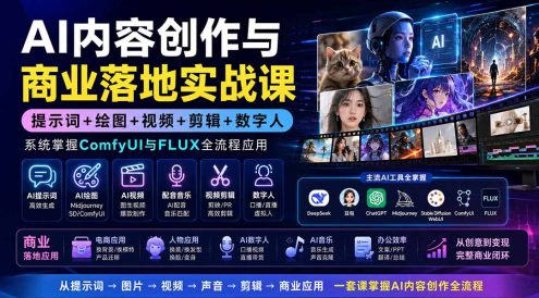 AI内容创作与商业落地实战课：提示词+绘图+视频+剪辑+数字人，系统掌握ComfyUI与FLUX全流程应用