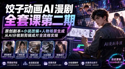 饺子动画AI漫剧全套课第二期：原创剧本+小说改编+人物场景生成，从AI分镜到剪辑成片全流程实操