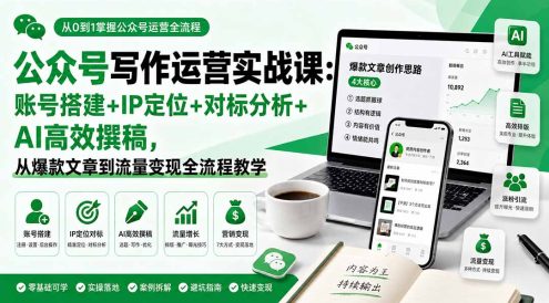 公众号写作运营实战课:账号搭建+IP定位+对标分析+AI高效撰稿,从爆款文章到流量变现全流程教学