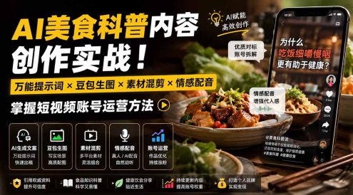 外面卖199元-AI美食科普内容创作实战!万能提示词×豆包生图×素材混剪×情感配音,掌握短视频账号运营方法