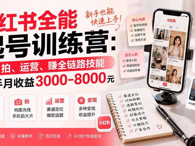 小红书全能起号训练营-更新：写、拍、运营、赚全链路技能，新手月收益3000-8000元